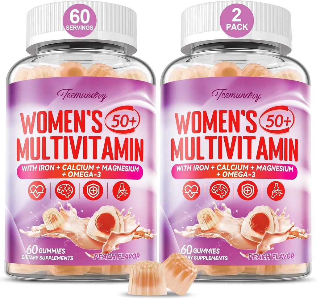 Gommies multivitamines pour femmes 50 Plus - avec Omega 3, Coenzyme Q10, Fer, Calcium, zinc, vitamine A, C, D3, E, K2, Complexe B, Folate - Multivitamines et minéraux pour l'énergie, la beauté, l'Immune, sans sucre