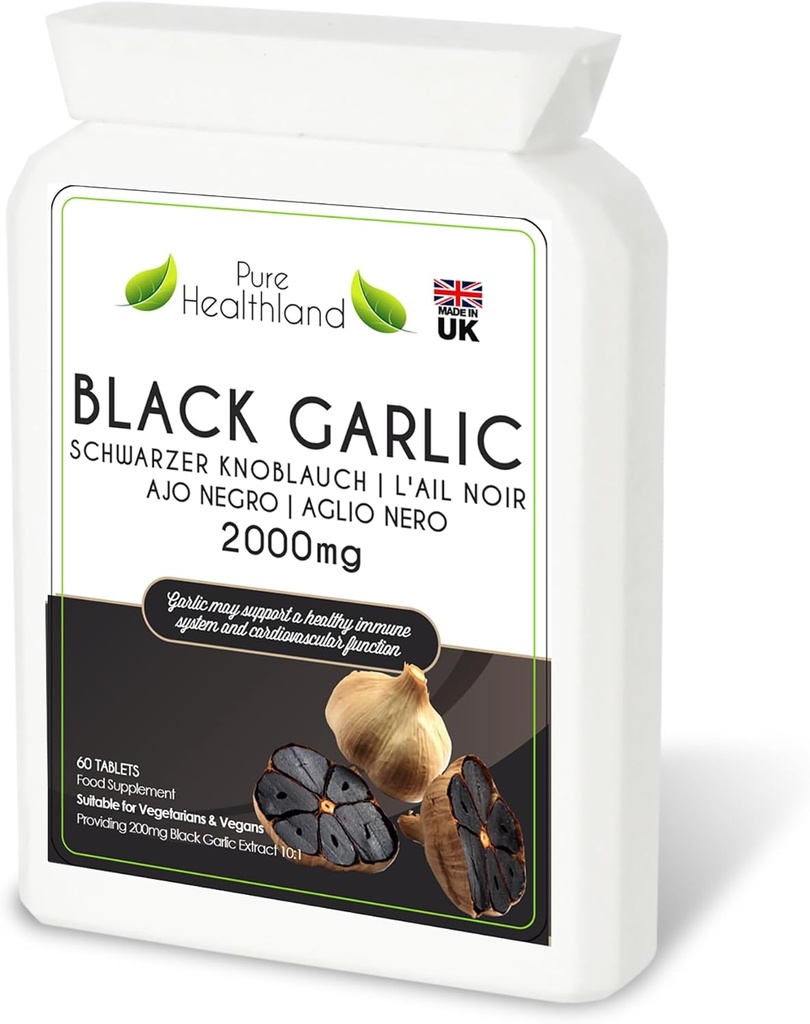 Supplément d'ail noir sans gluten – haute puissance concentrée à partir de bulbes d'ail frais – Comprimés végétaliens et végétariens – Fabriqué au Royaume-Uni (1 bouteille)