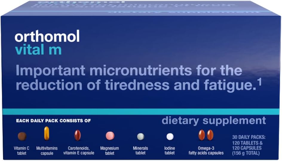 Orthomol Vital M Comprimés, Multivitamines pour hommes, 30 jours d'approvisionnement, vitamines A, B, C, D, E, K, Iodine, Oméga-3