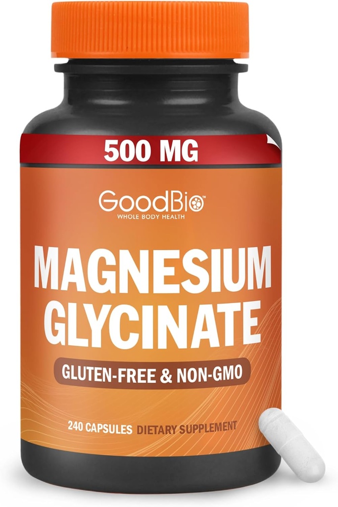 Glycinate de magnésium - Supplément de magnésium à haute absorption 500mg par portion pour soulager le stress, le sommeil, le coeur et la santé des os, soutien nerveux - Non-OGM, sans gluten, doux sur l'estomac, 240 capsules