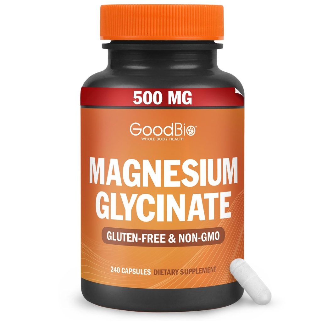 Glycinate de magnésium - Supplément de magnésium à haute absorption 500mg par portion pour soulager le stress, le sommeil, le coeur et la santé des os, soutien nerveux - Non-OGM, sans gluten, doux sur l'estomac, 240 capsules