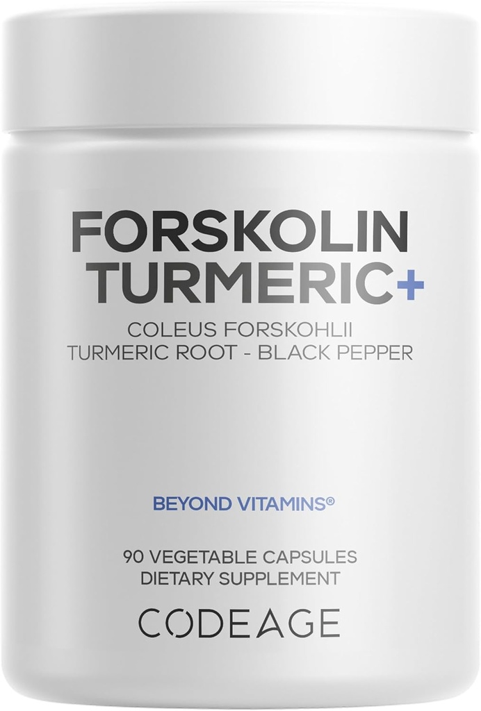 Codeage Forskolin, Pure Forskolin Coleus + Organic Turmeric Root Powder, 95% Curcuminoids + Bioperine Black Pepper - 20% Standardized Coleus Forskohlii Supplement - Non-GMO - 90 Capsules