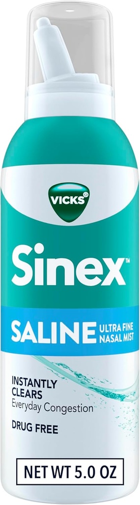 Vicks Sinex Spray nasal saline, anti-drogue ultra fine, clair tous les jours congestion de sinus rapide, clair mucus d'un froid ou d'allergie, utilisation quotidienne 5,0 fl oz