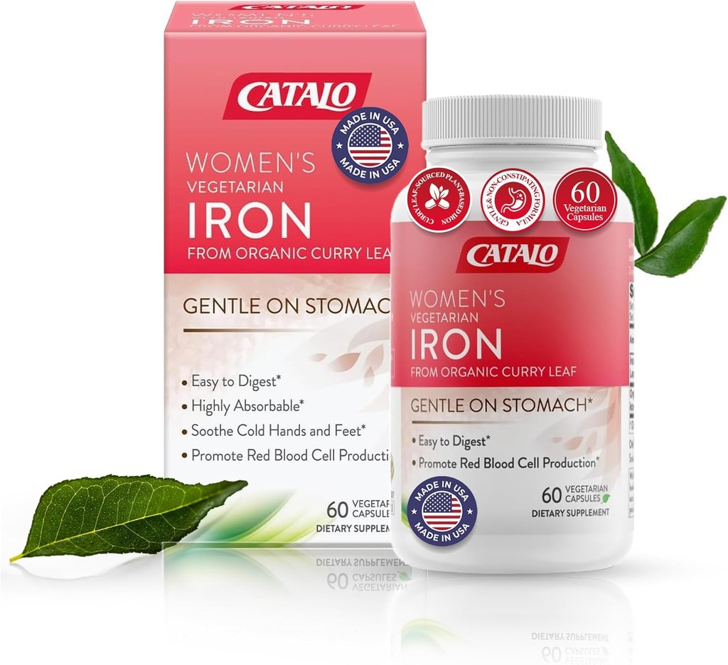 Supplément de fer CATALO pour les femmes avec feuille de curry biologique - Doucement, Haute Absorption, Amies des végétariens, Formule stomach-easy - 60 comprimés