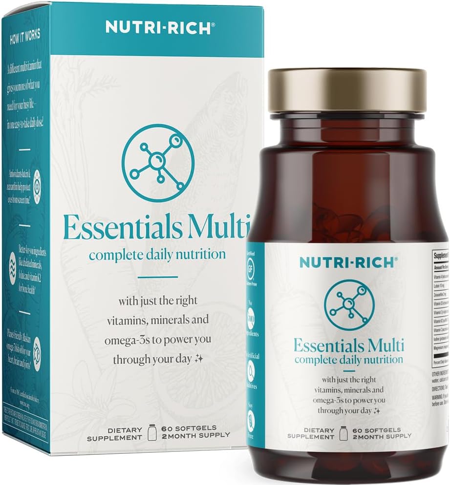 Nutri-Rich Essentials Multivitamine avec de l'huile de poisson Oméga-3 pour les hommes et les femmes, soutient l'énergie, la santé immunitaire, la vitamine A, C, D3, E, K2, et le zinc, non-OGM, sans gluten (compte 60)