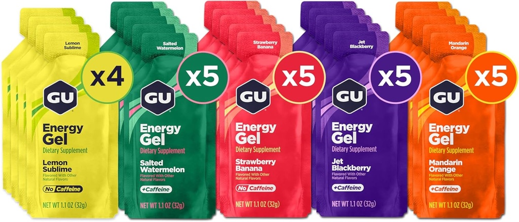 GU Energy Original Sports Nutrition Gel d'énergie, végétalien, sans gluten, sans casher et sans laiterie sur la route énergie pour toute séance d'entraînement, 24-Count, assorties saveurs fruitées