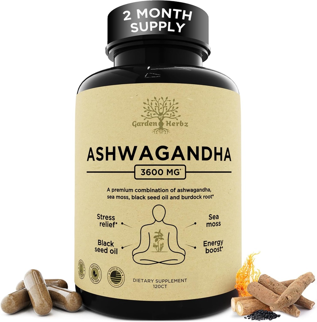 Ashwagandha Root & Irish Sea Moss – supplément d'Ashwagandha à l'huile de graines noires et à la racine de bardock – supplément à base de plantes pour l'énergie, le calme, l'humeur et le bien-être, 120 capsules
