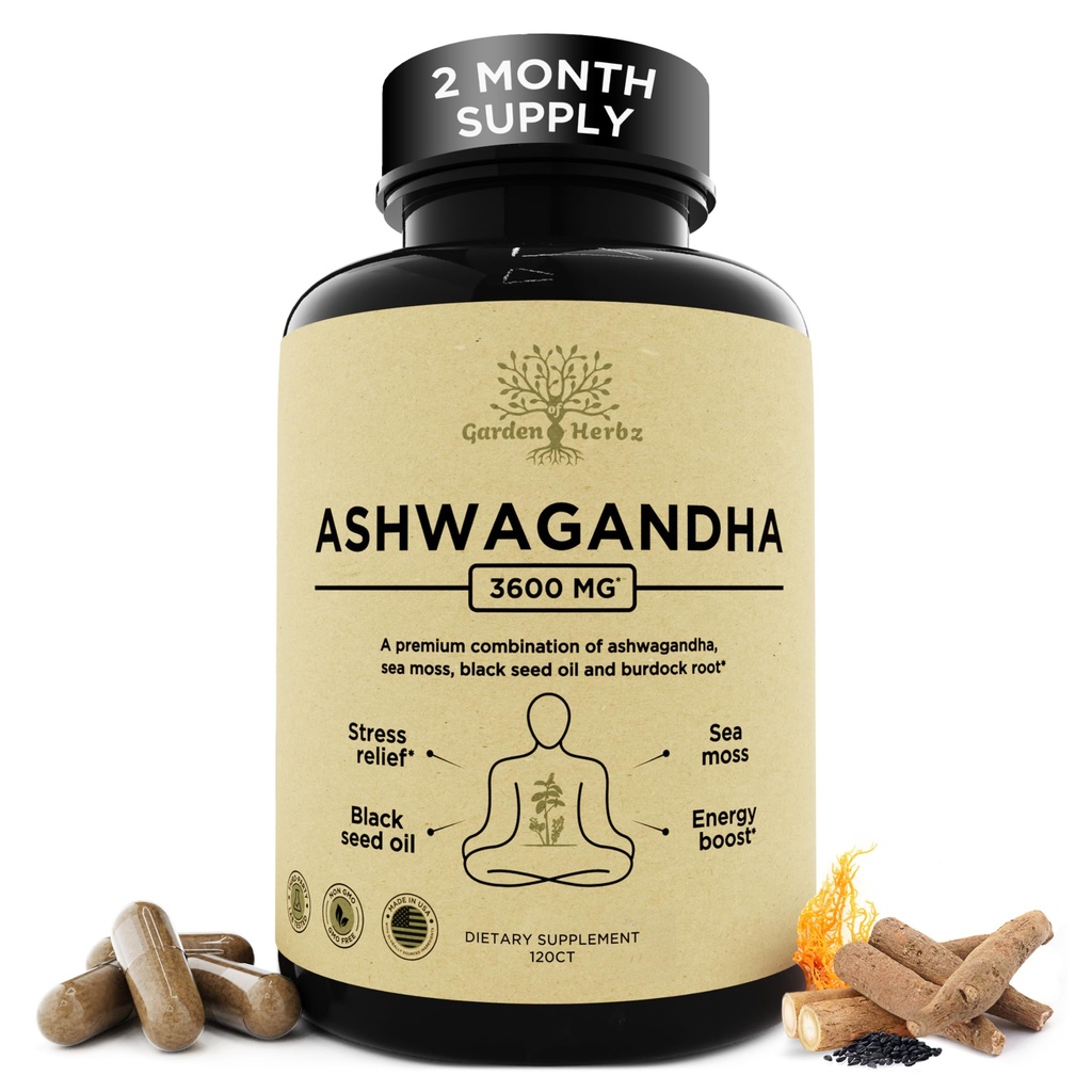 Ashwagandha Root & Irish Sea Moss – supplément d'Ashwagandha à l'huile de graines noires et à la racine de bardock – supplément à base de plantes pour l'énergie, le calme, l'humeur et le bien-être, 120 capsules
