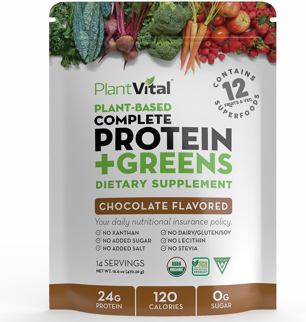 Plantvital Protéines Vegan Poudre à base de plantes, Protéines organiques en poudre Chocolat 24g/0g Sucre, 12 Superaliments, légumes, probiotiques, cacao brut, Kale, betteraves, Spiruline, pois, sans gluten, kéto-friendly, 16oz