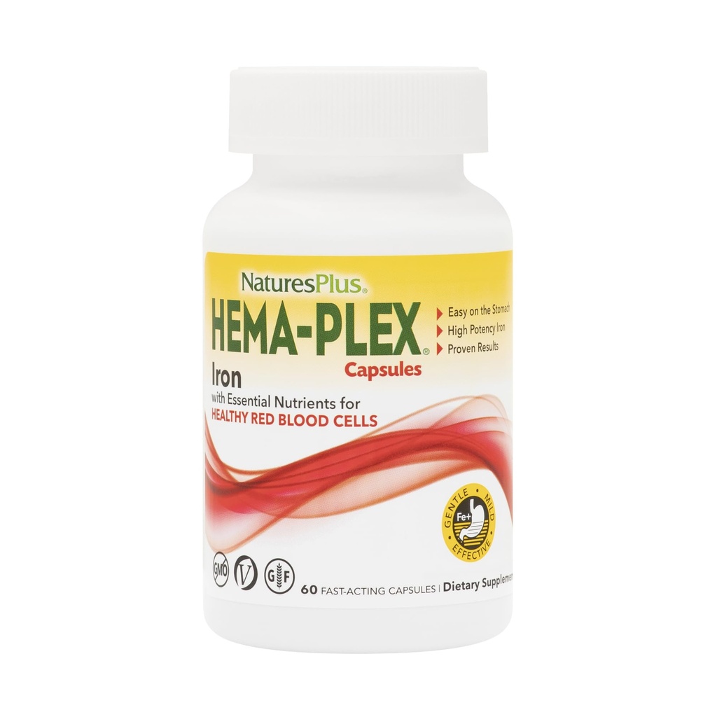 NaturesPlus Hema-Plex Fer - 60 capsules à action rapide - 85 mg de fer chélaté + vitamine C et bioflavonoïdes pour des globules rouges sains - végétalien, sans gluten - 30 portions