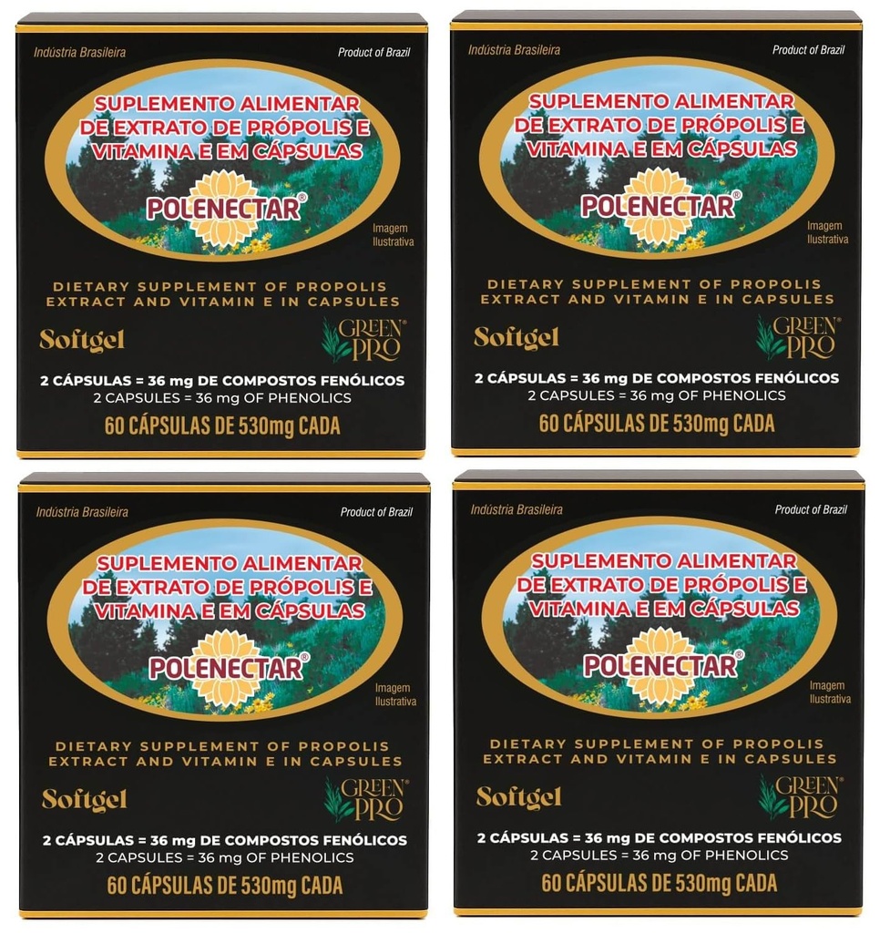 4 Boîtes de Polenectar Brésil Green Bee Propolis 300 Milligram (60 Softgels)