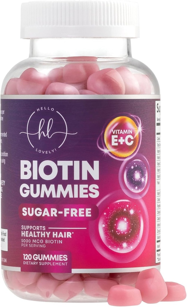 Vitamines capillaires Gummy avec Biotin 5000 mcg - Soutien de la croissance des cheveux avec Vitamines E & C pour les cheveux épais, plus forts et beaux - Peau de cheveux et ongles Vitamine pour les femmes, non-OGM, sans gluten - 120 Gummies