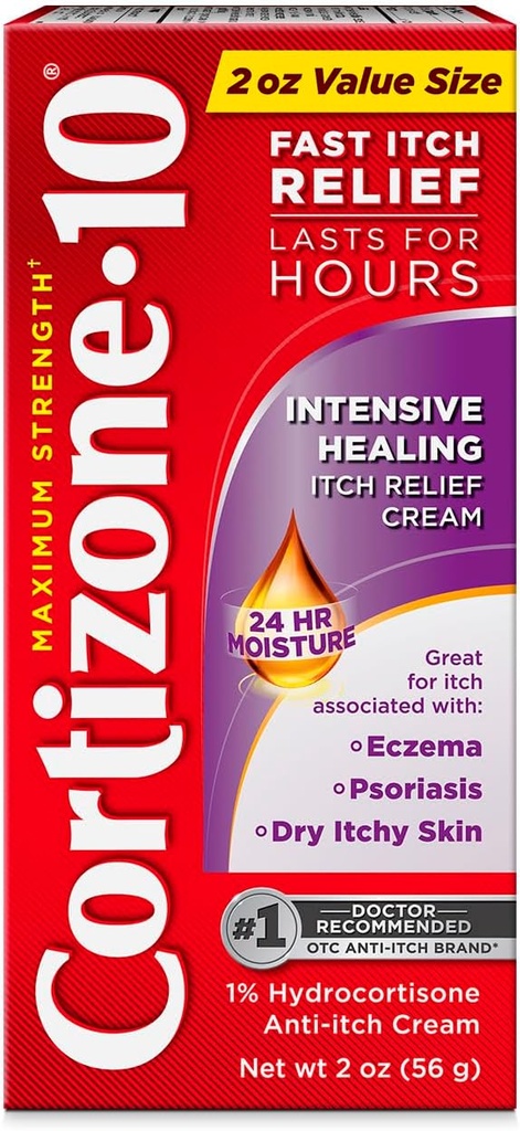 Cortizone-10 Crème de soulagement des démangeaisons intensives à force maximale, 1 % d'hydrocortisone, crème anti-démangeaison à action rapide pour les piqûres de bogues, Rash, Eczema, Psoriasis, Poison Ivy, Chêne, Sumac et plus, 2 oz