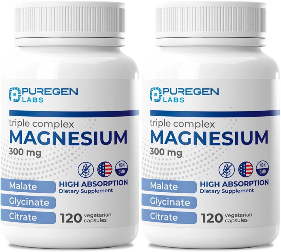 Puregen Labs Triple Magnésium Complex 300mg de glycinate de magnésium, de malate et de citrate [haute absorption] Total 240 Capsules de Vég.