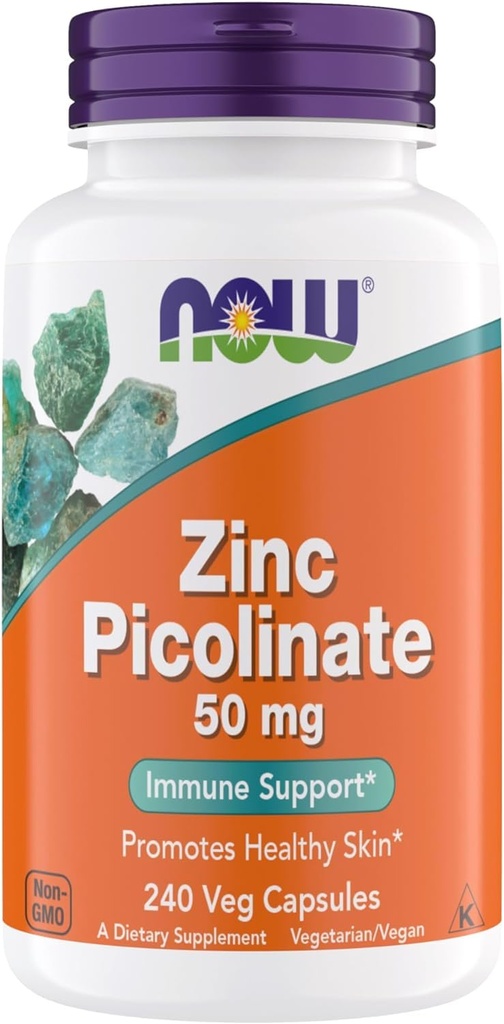 Maintenant Suppléments, Picolinate de zinc 50 mg, Support des fonctions enzymatiques, Soutien immunitaire, Non-OGM, Casher, Convient pour les végétaliens - 240 Capsules végétariennes (Pack de 1)
