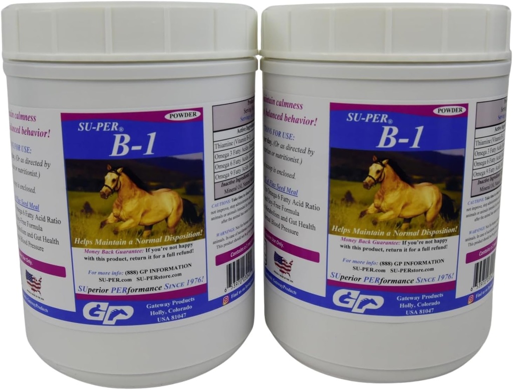 SUPER B-1 Supplément calmant pour chevaux - Vitamine Hippique B-1 Support Cheval Calmer Poudre - Supplément booster pour chevaux - 2,5 livres, (2 paquets)