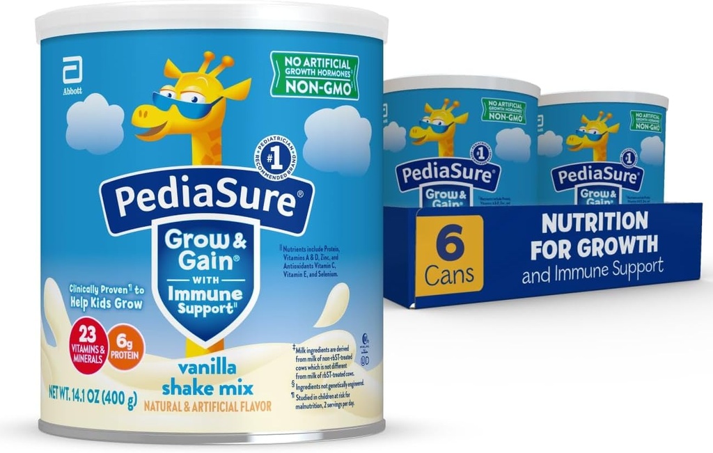 PediaSure Grow & Gain avec le support immunitaire Shake Mix Poudre, 23 Vitamines & Minéraux, 6g Protéines, Non-OGM, Sans gluten, Nutrition pour enfants, Vanille, 14,1 oz Can, Boîte de 6-48 portions