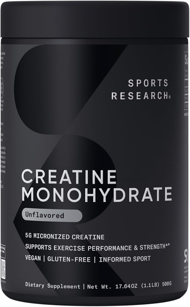 Recherche sportive Créatine monohydratée - gain de masse musculaire, amélioration de la performance et de la force et soutien récupération d'entraînement* - 5 g Créatine micronisée - 17,46 oz