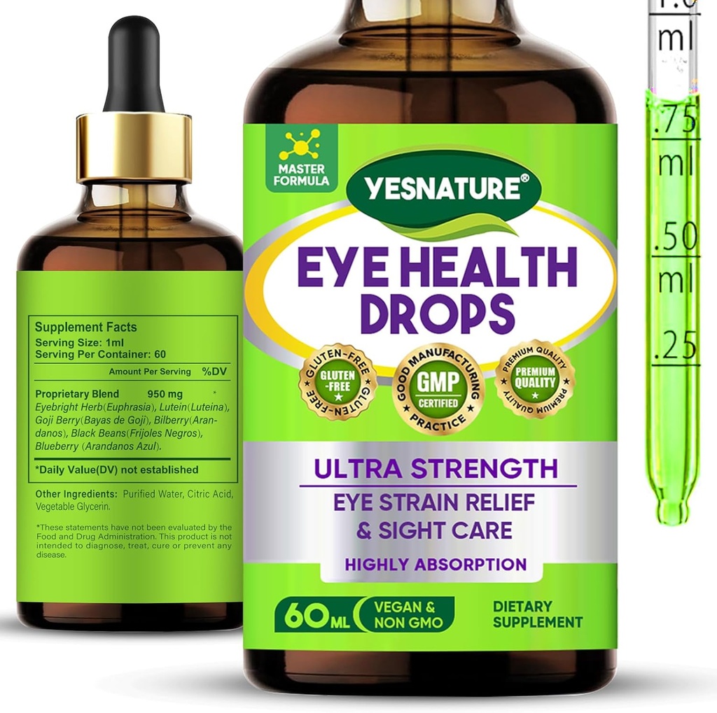 YESNATURE Les gouttes pour la santé des yeux à l'herbe droite pour le soulagement des souches oculaires et le soin de la vue, supplément pour la santé des yeux ultra-forts