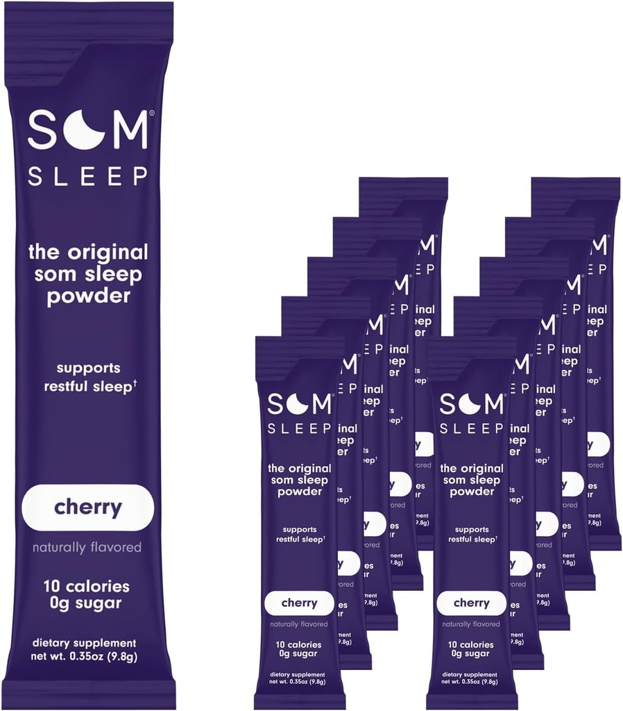 Som Sleep, Restful Sleep Powder Drink Mix w/Melatonin, Magnesium, Vitamin B6, L-Theanine & GABA – Vegan, Zero Sugar, Keto Friendly – Cherry, 10-Pack