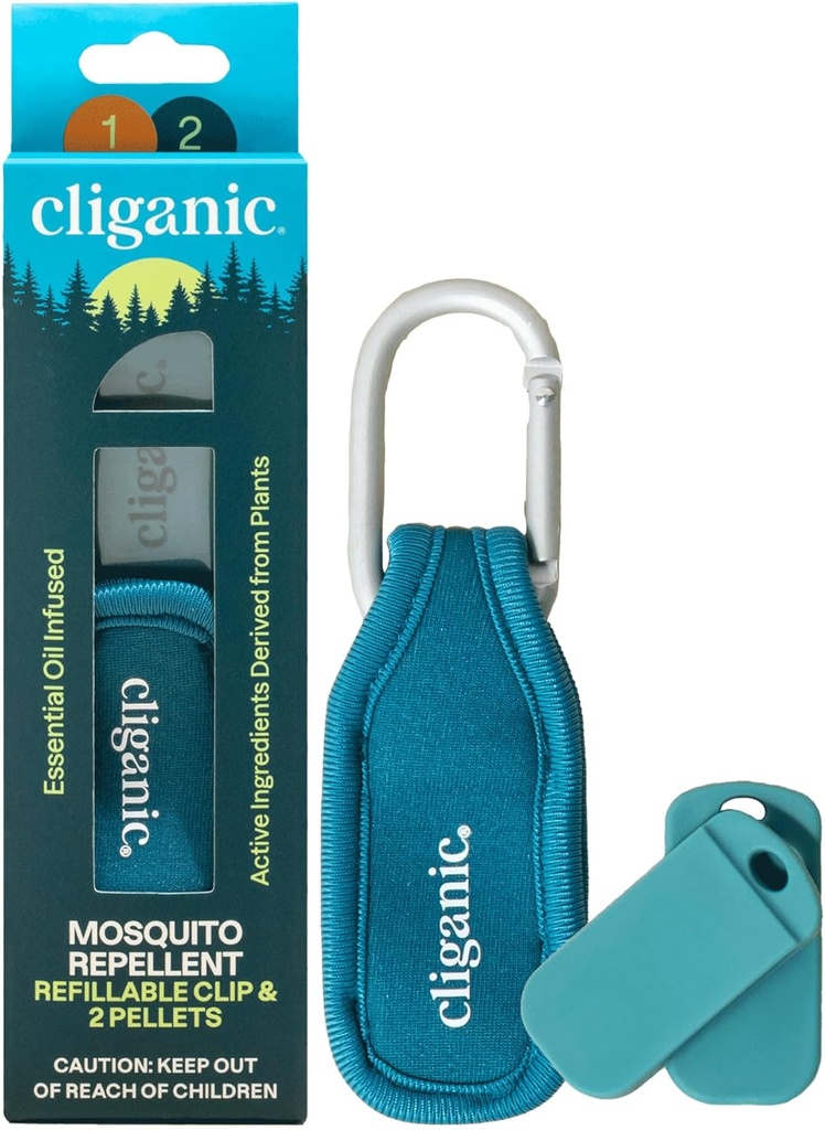 Cliganic Mosquito Repellent Pack (1 Clip + 2 Pellets de Recharge) - Huile essentielle sans DEET naturelle infusée