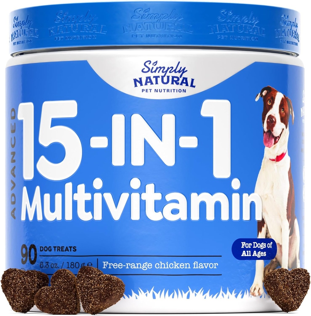 15-in-1 Dog Multivitamin, Dog Vitamins and Supplements for All Ages and Breeds to Support Immune System, Healthy Coat and Skin, 90 Chews of Chicken Flavor Dog Supplements & Vitamins