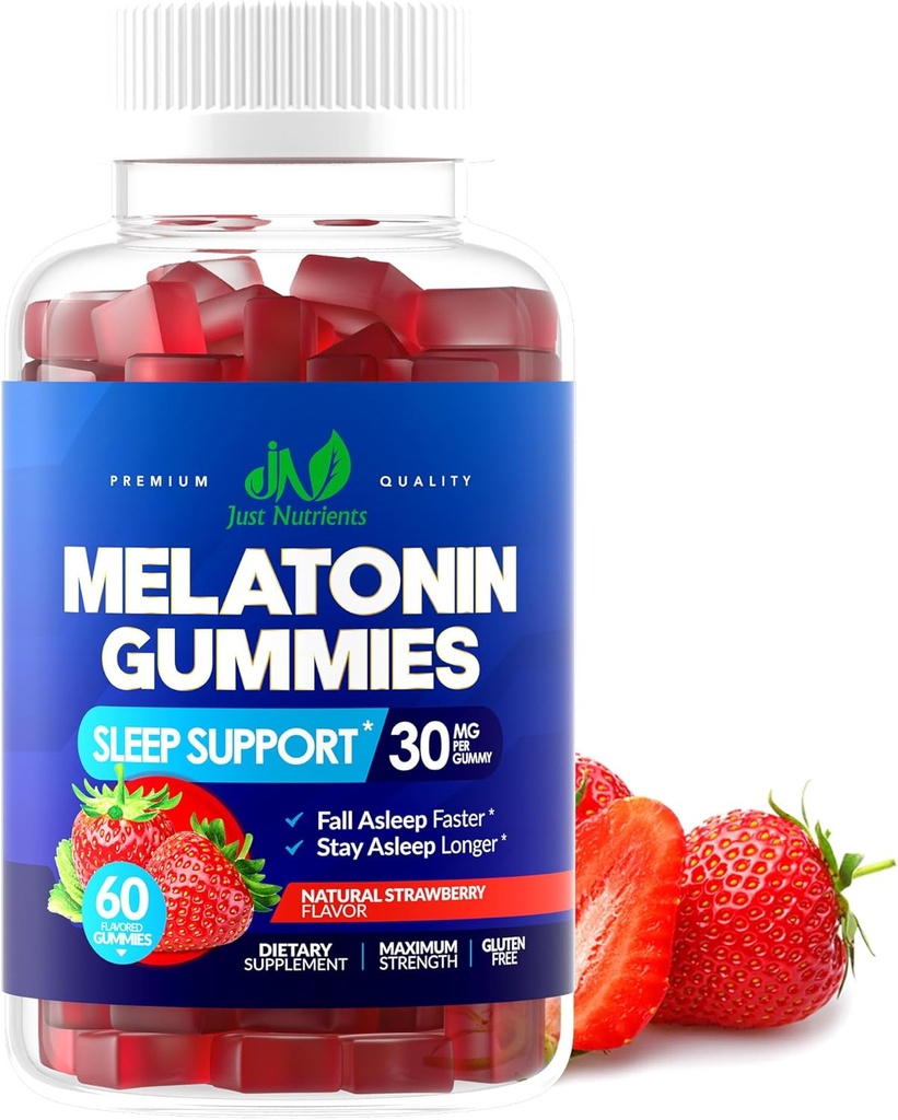 Mélatonine 30mg Gommies pour adultes (60 portions) - Soutien de sommeil de haute puissance avec 30mg de mélatonine par gummy - sans gluten, sans sucre, non-OGM, 100% végétarien, saveur de fraise - 60 gommies