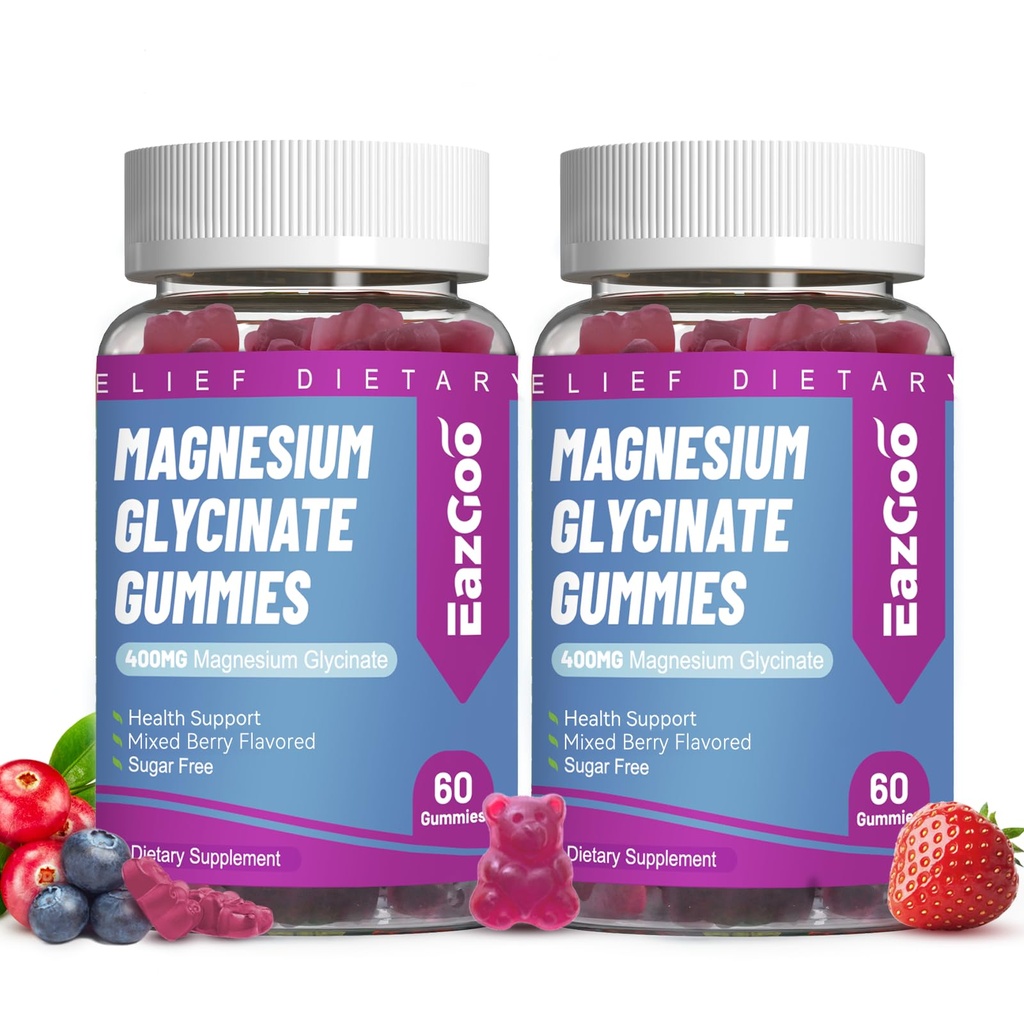 Glycinat de magnésium Gommies 400mg avec L-Thréonine 200mg - Supplément de potassium de magnésium sans sucre avec vitamine D, B6, CoQ10 pour les muscles - 120 Gommies mélangées aromatisées aux baies