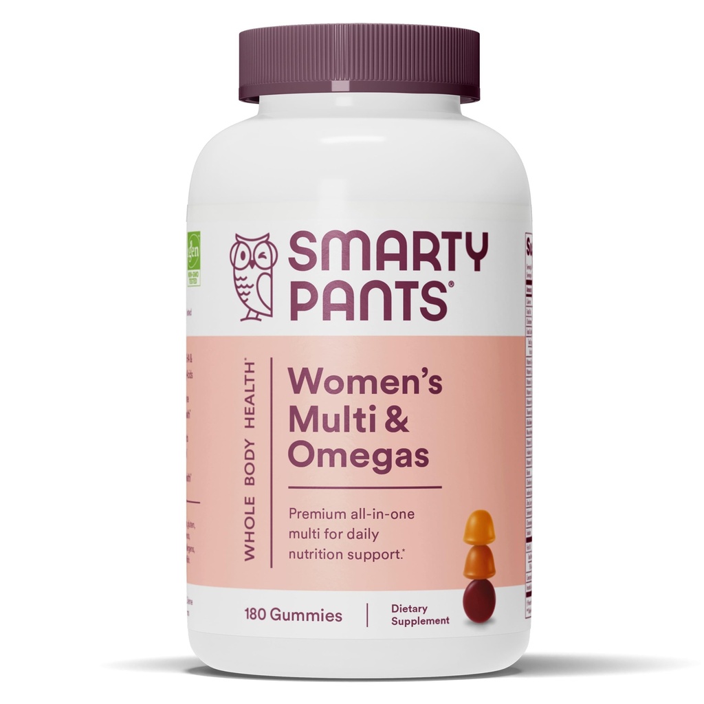 SmartyPants Gommies multivitamines pour femmes : Huile de poisson Omega 3 (EPA/DHA), Méthylfolate, CoQ10, Vitamine D3, C, Vitamine B12, B6, A, K et zinc, Inositol, Sans gluten, 180 Compte (30 jours)
