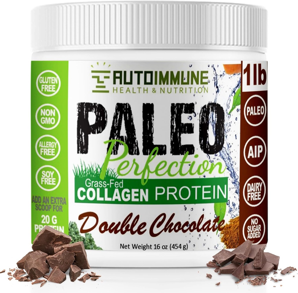 Paléo Perfection Double Chocolat Herbacé Poudre de protéines de collagène avec Stevia - Paléo, Keto, SCD, AIP Poudre de protéines avec fibre de pomme, carotte et brocoli - 1lb Poudre de protéines et mélange de superaliments