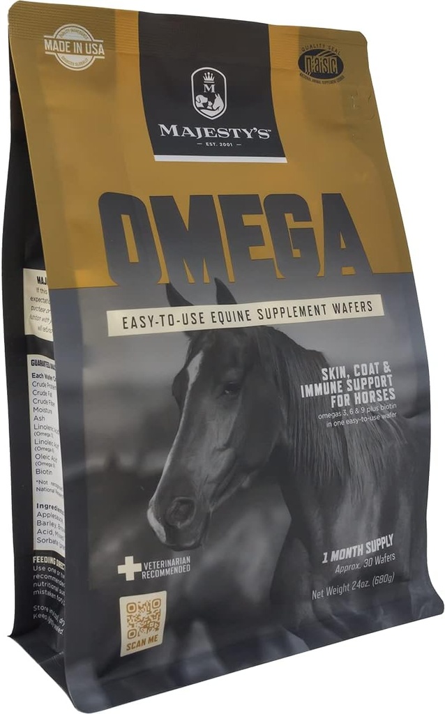 Wafers Omega de Majesté - Supplément de soutien pour le cheval supérieur / peau d'équine, manteau et immune - Omega 3, 6, 9 et Biotine - 30 comtes (1 mois)