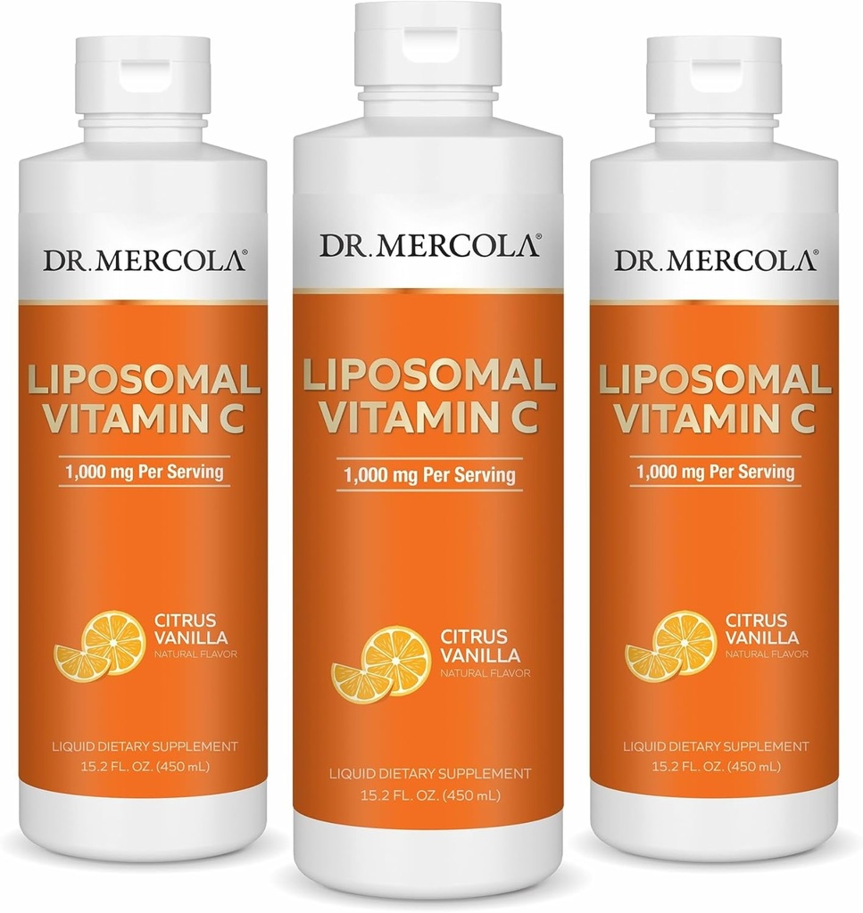 Dr Mercola Vitamine liposomique liquide C - Supplément de soutien antioxydant et immunitaire - Comprend la vitamine E - Sans OGM, sans gluten et sans soja - Citrus Vanilla Flavor - 450 ml (30 portions) - 3 emballages
