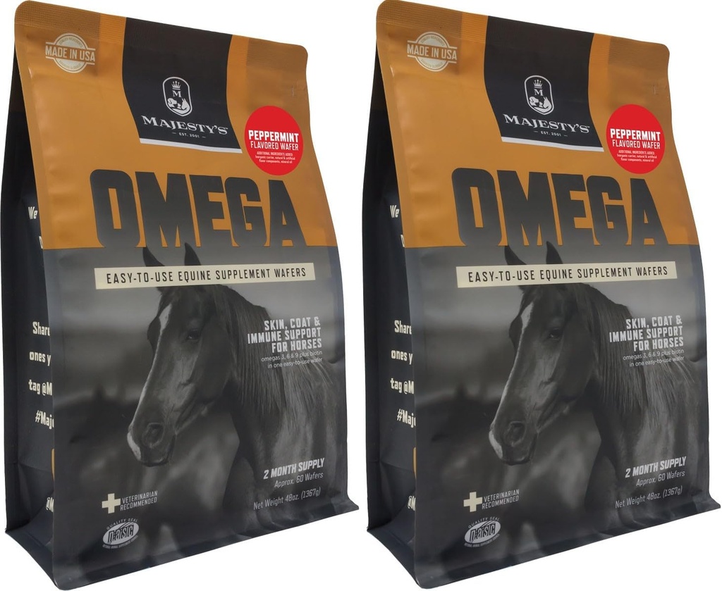 Wafers Omega de Majesté - Supplément de soutien pour chevaux et peaux d'équidés, manteaux et immunes - Omega 3, 6, 9 et Biotine (Peppermint, 2 Pack(120 Nombre Total))