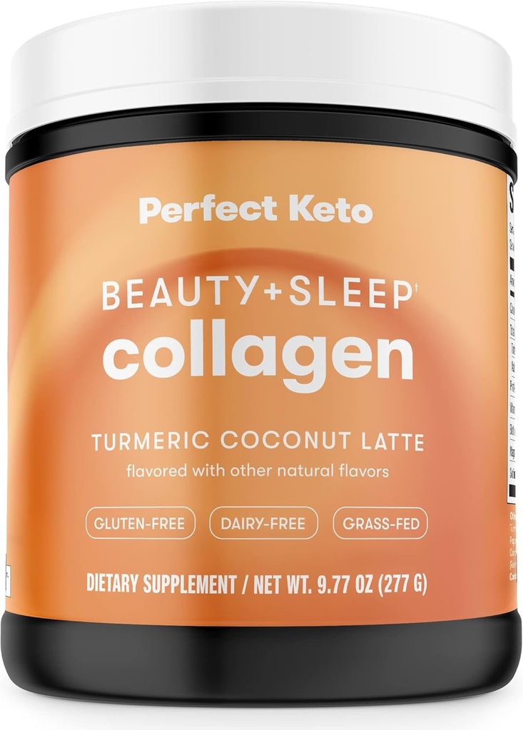 Perfect Keto Beauty + Sleep Grass Fed Collagen Peptides Poudre de protéines avec Ashwagandha, Magnésium, Biotine, Acide Hyaluronique, L Theanine, Cheveux, Peau, Nails et Soutien de la relaxation, Latte de noix de coco curcuma