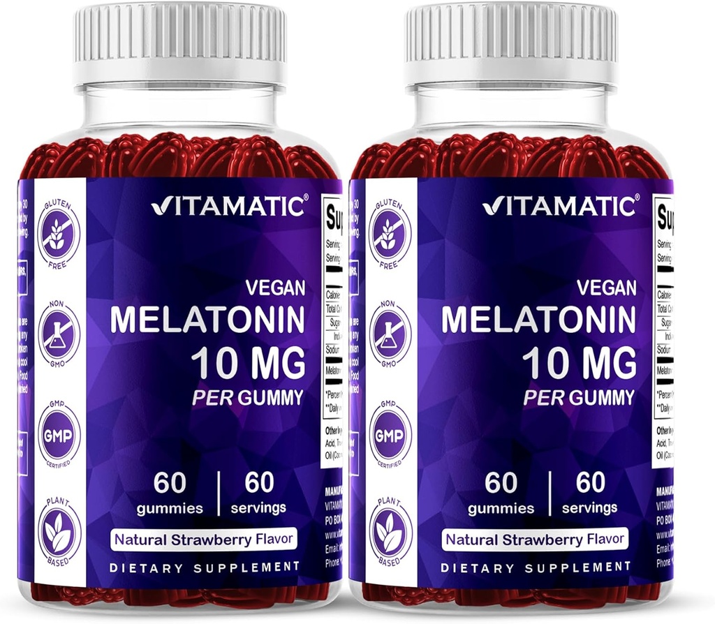Mélatonine Vitamatique 10 mg Gummées végétariennes – Formation non-habitante – 60 Gummées par bouteille – 2-Pack (Total 120 Gummées végétaliennes)