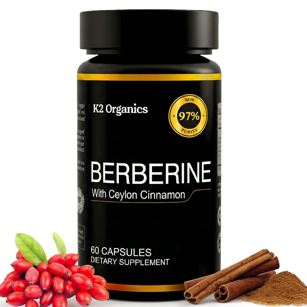 Berbérine avec Ceylan Cinnamon 1200mg (60 Capsules) – 97% Pureté- Non-OGM, Sans gluten, Supplément végétalien testé en laboratoire