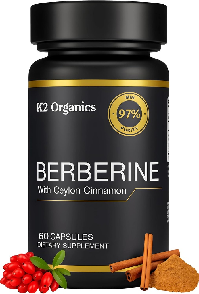 Berbérine avec Ceylan Cinnamon 1200mg (60 Capsules) – 97% Pureté- Non-OGM, Sans gluten, Supplément végétalien testé en laboratoire