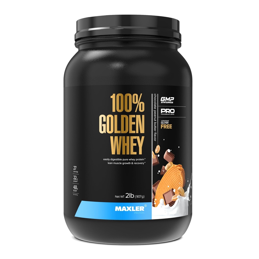 Maxler 100% Golden Whey Protein - 22g Protéines par portion - Poudre de protéines de lactosérum premium pour pré-entraînement - Mélange d'hydrolysate de concentré de lactosérum à absorption rapide - Beurre d'arachide au chocolat 2 lb