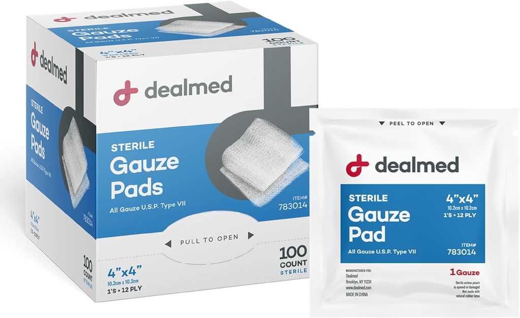 Offerts à 4 % x 4 % Plaquettes de gauze stériles (100 Nombre) Plaquettes de gauze jetables et emballées individuellement, produits de soins pour trousse de premiers soins et installations médicales (paquet de 1)