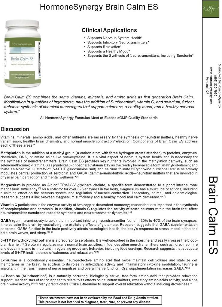 HormoneSynergy RetzlerRx® Cerveau Calm ES - Support ultime pour le calme et la relaxation - L-Theanine (Suntheanine®) - TRAACS® Albion® Minéraux chélatés - GABA - 5-HTP - L-Taurine - 120 V-Caps