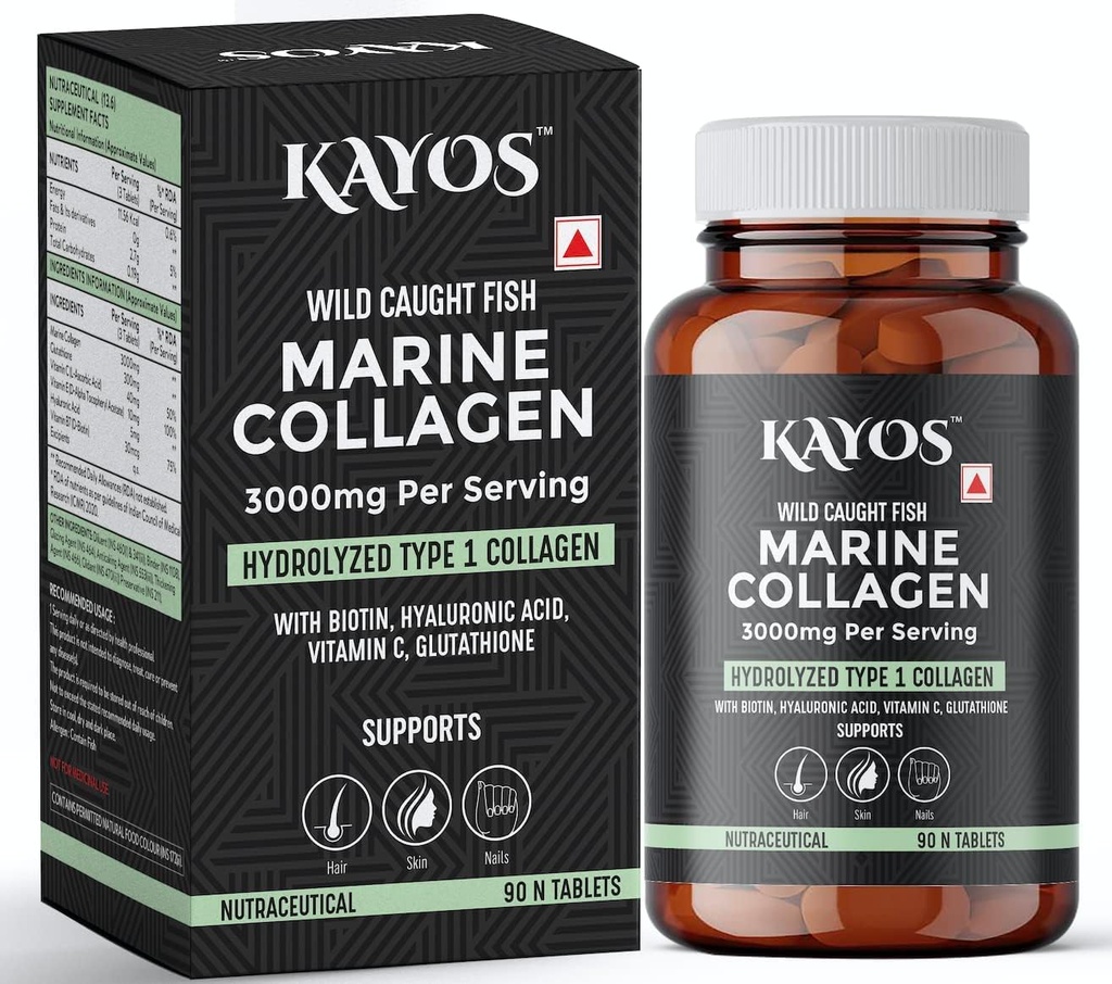 Miri Comprimés de collagène marin – 3000mg Type 1 Collagène Hydrolysat Poisson Acides aminés – avec Biotine, Acide hyaluronique, Vitamine C, Glutathion – Supplément pour ongles de peau de cheveux osseux - (90 pc)