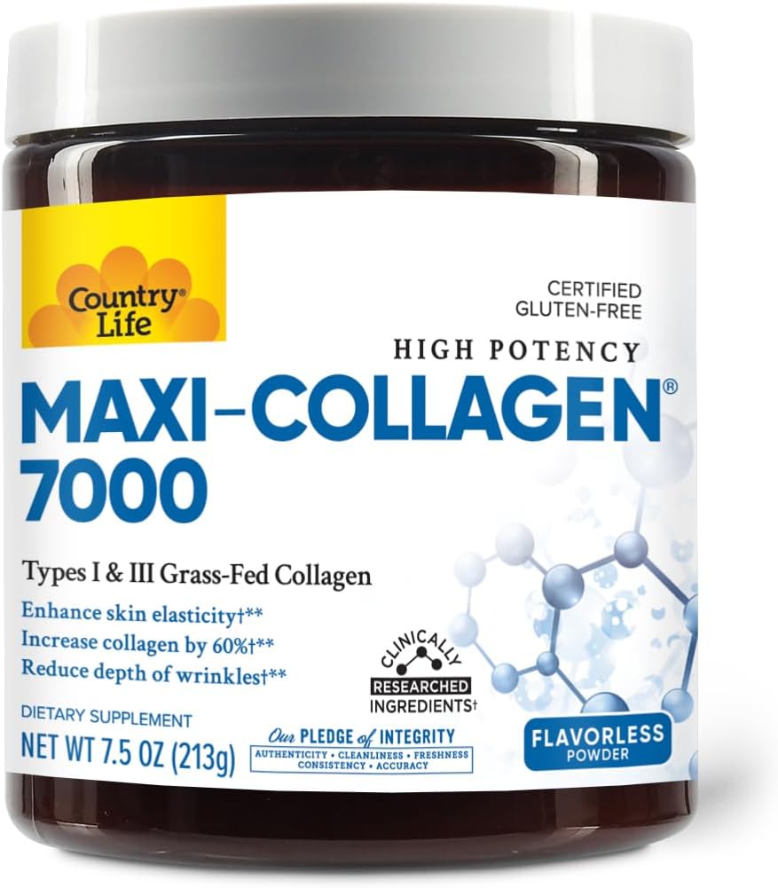 Country Life Maxi-Collagen 7000 Poudre - Verisol Bioactive Collagen Peptides, Vitamine C, A & Biotin, 4 500 mg Types I et III Collagène gras - Soutient la peau, les cheveux, les ongles et la santé articulaire, 7,5 oz