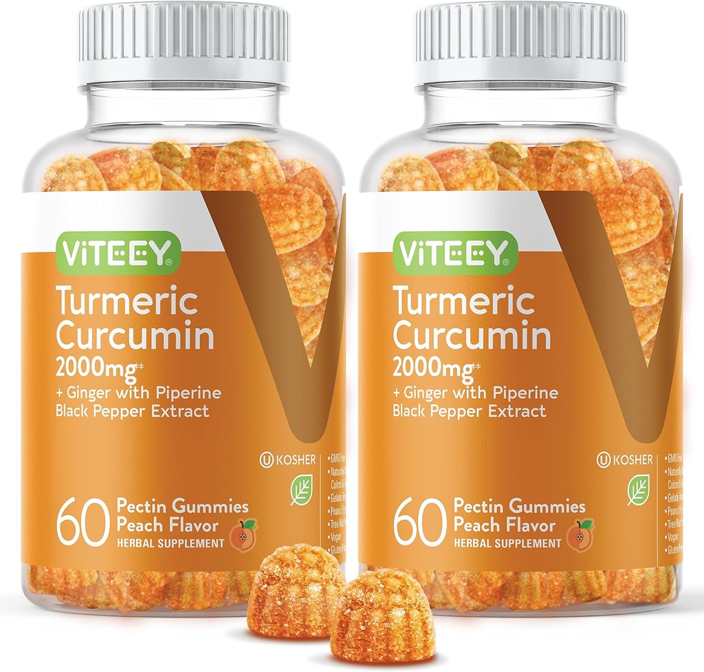 Gummies curcumine curcuma avec supplément de gingembre et de poivre noir, 2000mg, soutien immunitaire, santé de la peau saine et articulaire, végétalien, pectine, pour les adultes et les adolescents - Saveur de pêche à croquer(2paquet)