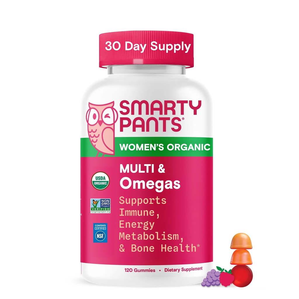 Gommies multivitamines organiques pour femmes SmartyPants: Biotine, Méthylfolate, Oméga 3 (ALA), Vitamine D3, C, Vitamine B12, B6, A, K & Zinc, Inositol, Sans gluten, Végétarien, 120 Compte (30 jours)