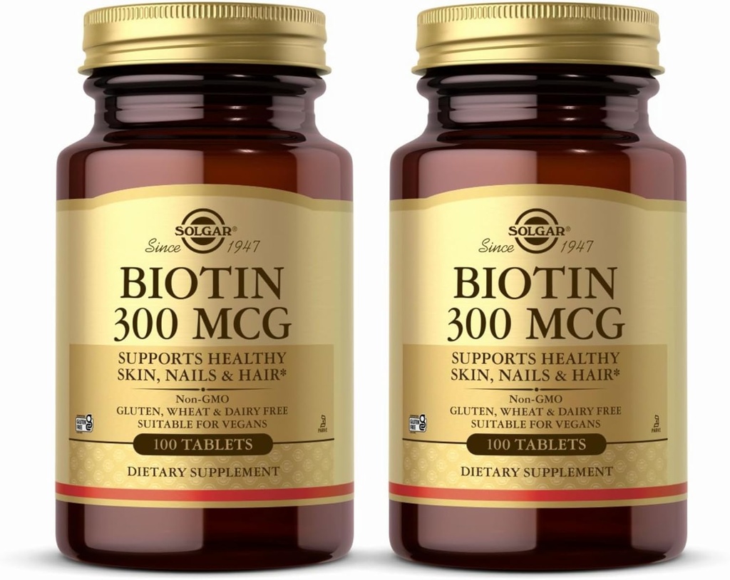 Solgar Biotin 300 mcg - 100 comprimés, paquet de 2 - Soutient une peau, des ongles et des cheveux sains - Non-OGM, végétalien, sans gluten, sans laiterie, sans casher - 200 Total des portions