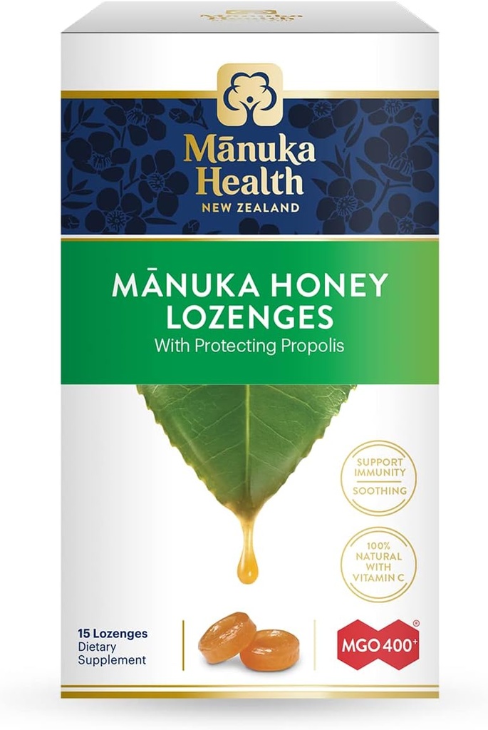 Manuka Health Manuka Honey Lozenges – 15 Propolis Lozenges – Gorge naturelle Lozenges infusées de miel brut de Manuka, de propolis néo-zélandaise et de vitamine C pour le soutien immunitaire