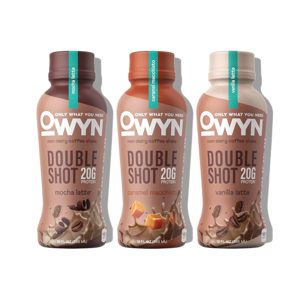 OWYN seulement ce dont vous avez besoin Dairy Doubleshot Free Keto Protein Coffee Shake, Variety Pack, 0g de sucre, 20g de protéines végétales, 180mg de caféine, sans gluten et sans soja, sans OGM, végétalien (36 Pack, 12 Fl Oz bouteilles)