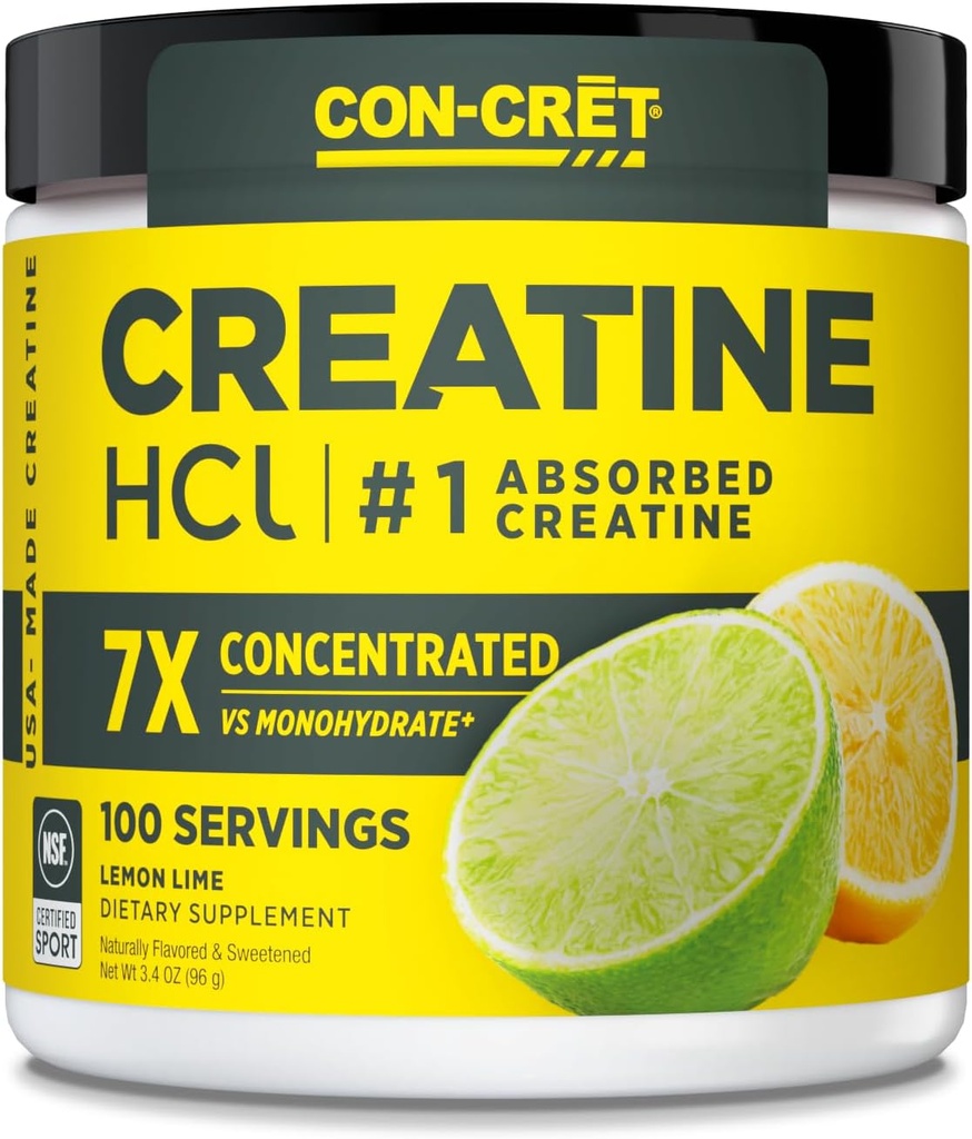 CON-CRET Creatine Powder HCl , Muscle, Cognitif, Cellular Energy Support , Pas de ballonnement ou de crampes , USA Made & NSF Certifié Lime citron (100 serving)