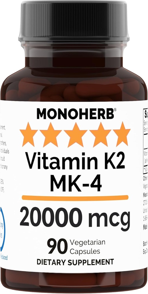 MONOHERB Vitamine K2 sous forme de ménatétrénone MK-4 20000 mcg par gélule - 90 gélules