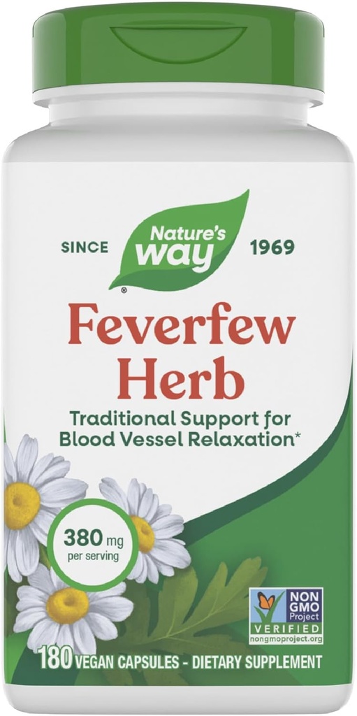 Nature's Way Feverfew Herb, soutien traditionnel pour la relaxation des vaisseaux sanguins*, 380 mg par portion, projet non-OGM vérifié, 180 capsules de feverfew végétalien (paquetage May Vary)